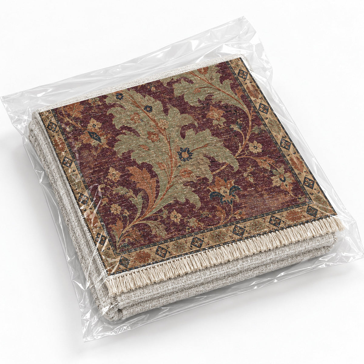 Open Arabesque Sails Mulberry & Celadon washable rug rolled and packaged