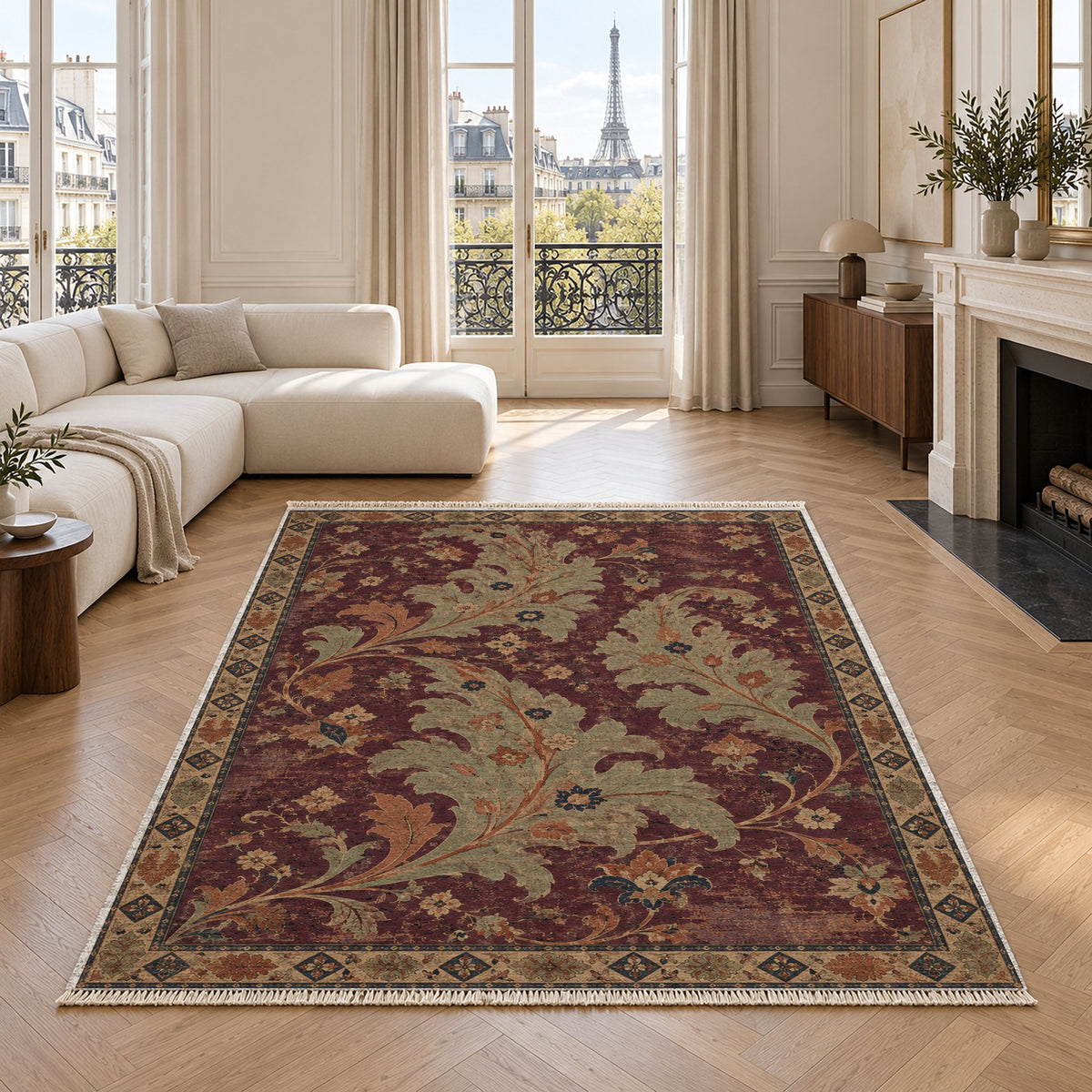 Open Arabesque Sails Mulberry & Celadon washable rug in a living room with an Eiffel Tower view