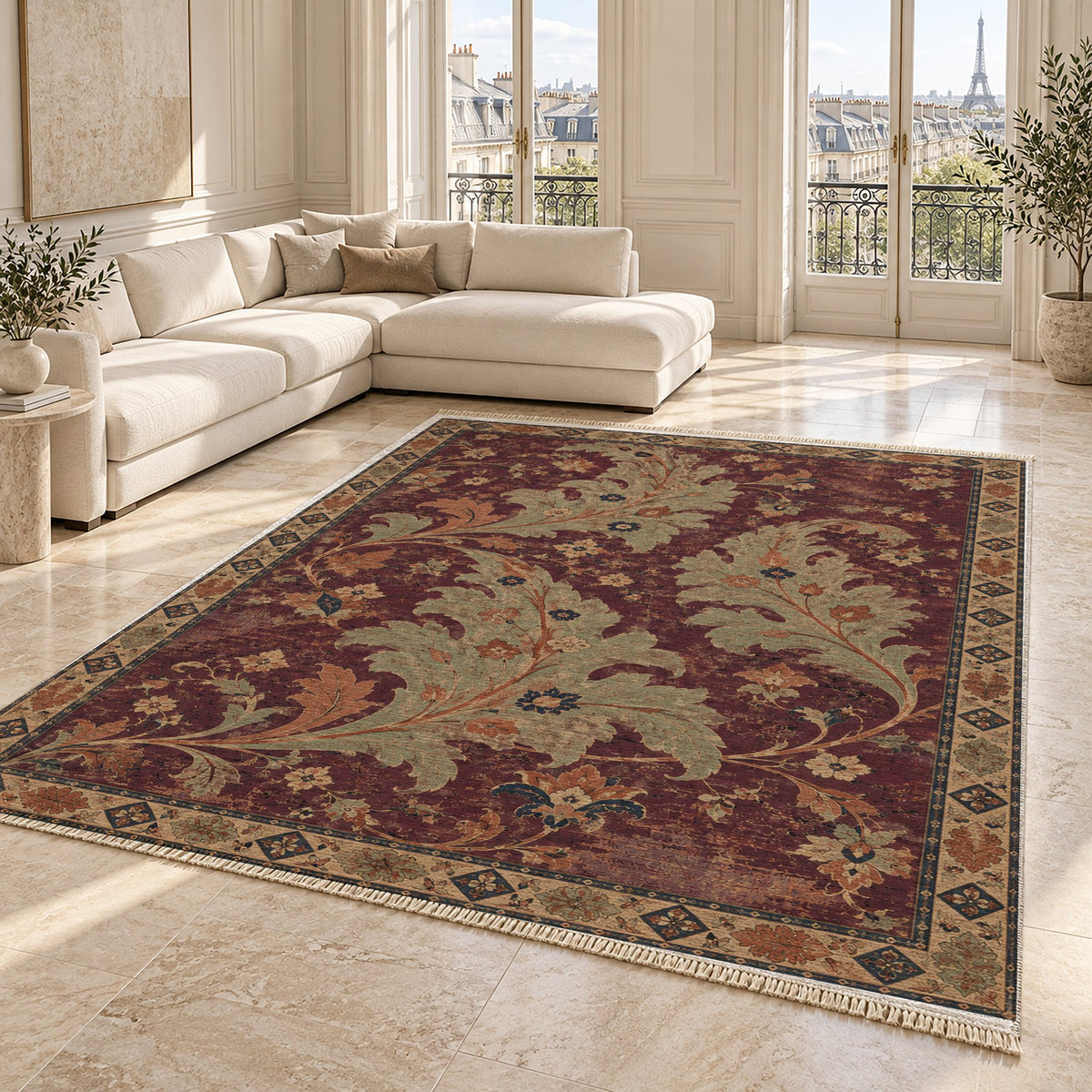 Open Arabesque Sails Mulberry & Celadon washable rug angled room view on marble