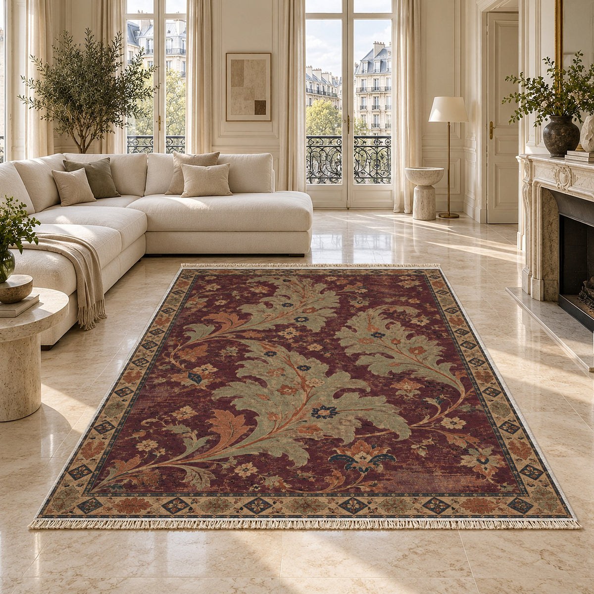Open Arabesque Sails Mulberry & Celadon washable rug on a marble floor
