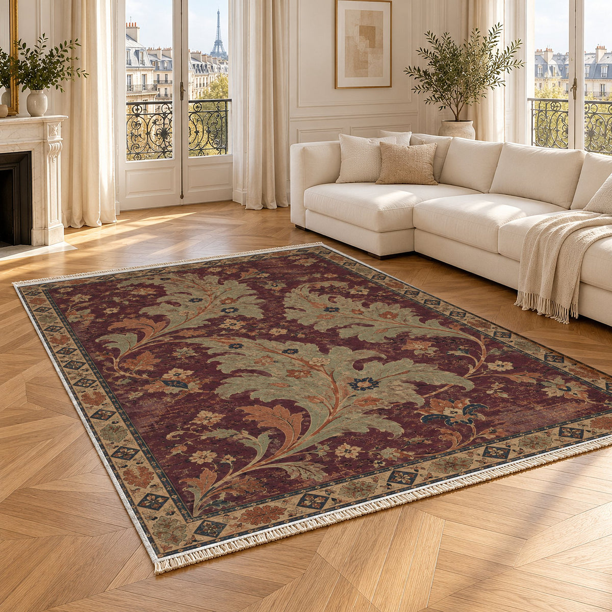 Open Arabesque Sails Mulberry & Celadon washable rug angled room view
