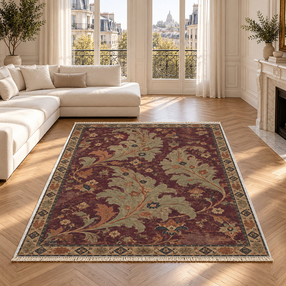 Open Arabesque Sails Mulberry & Celadon washable rug in a Paris living room