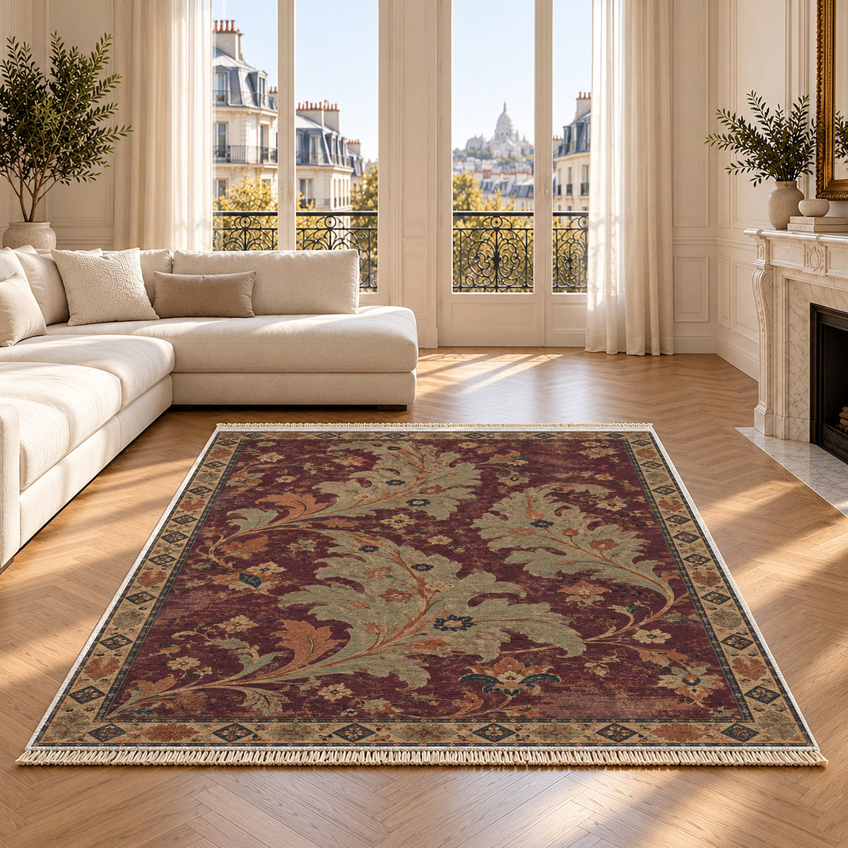 Open Arabesque Sails Mulberry & Celadon washable rug on an oak floor