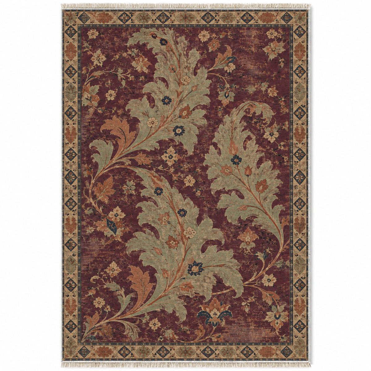 Open Arabesque Sails Mulberry & Celadon washable rug top view