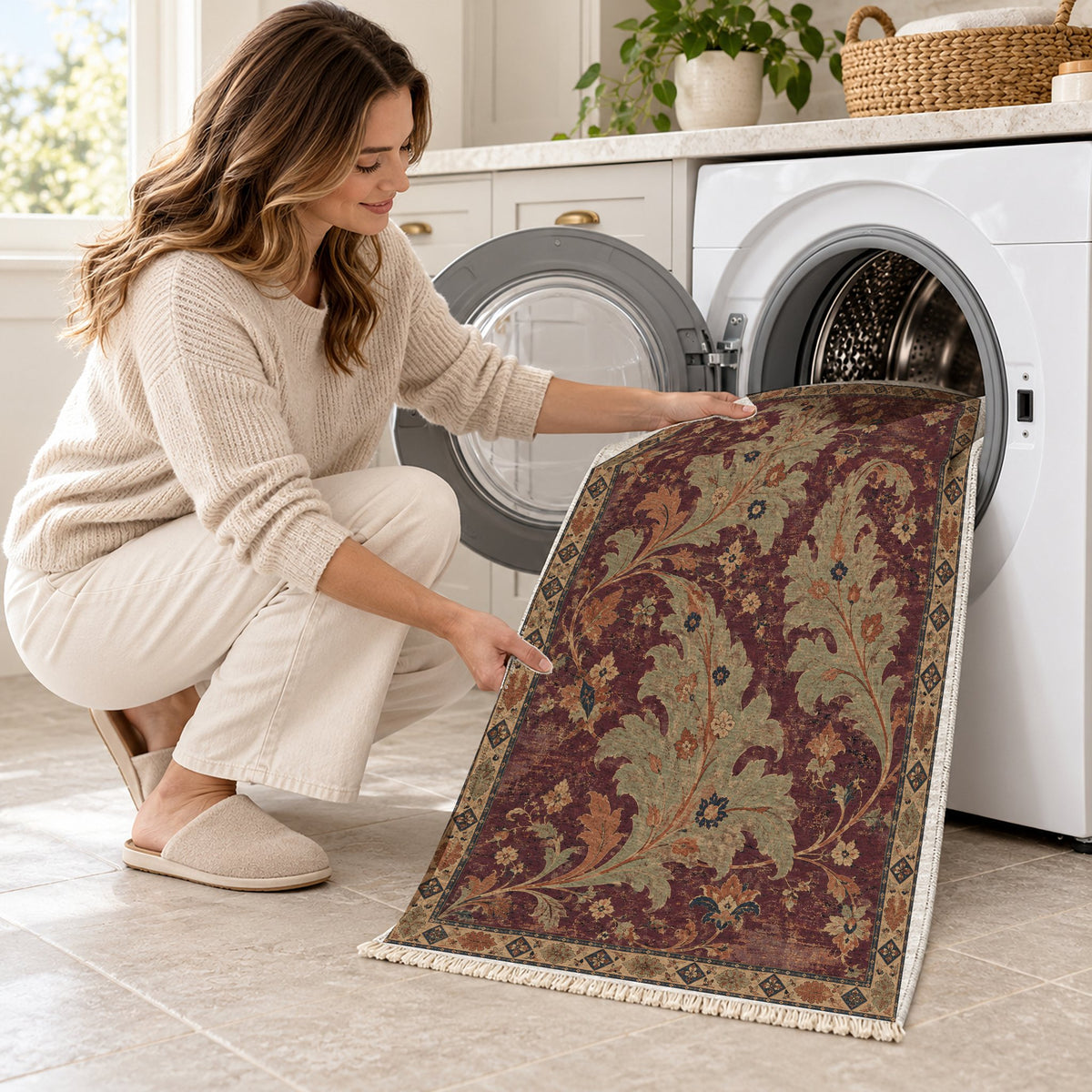 Open Arabesque Sails Mulberry & Celadon washable rug being loaded into a washing machine