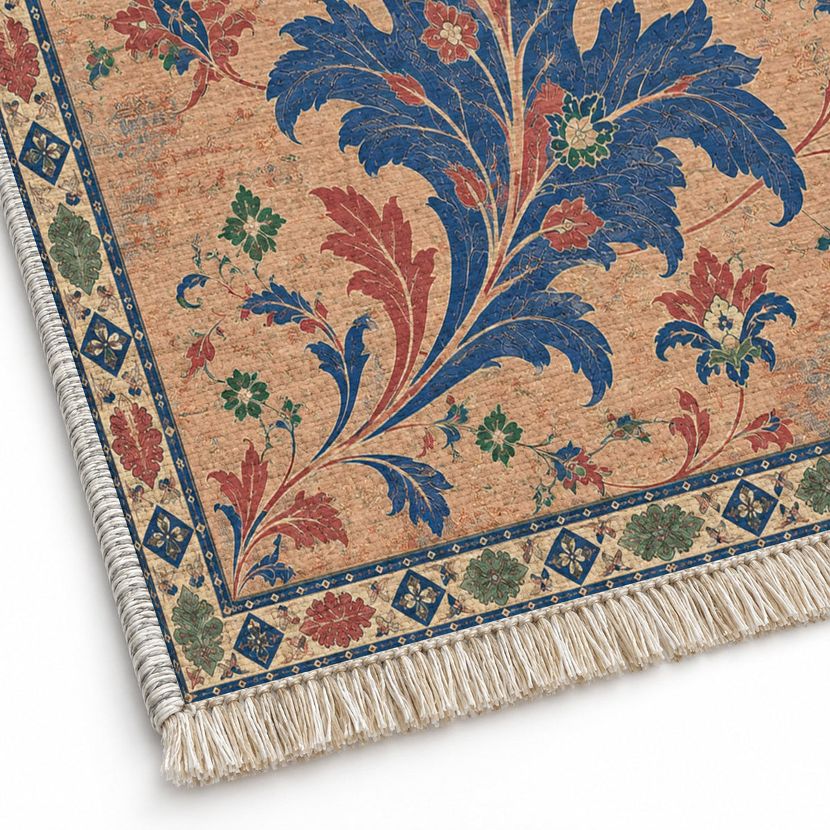 Open Arabesque Sails Peach, Cobalt & Jade washable rug close-up of the printed chenille