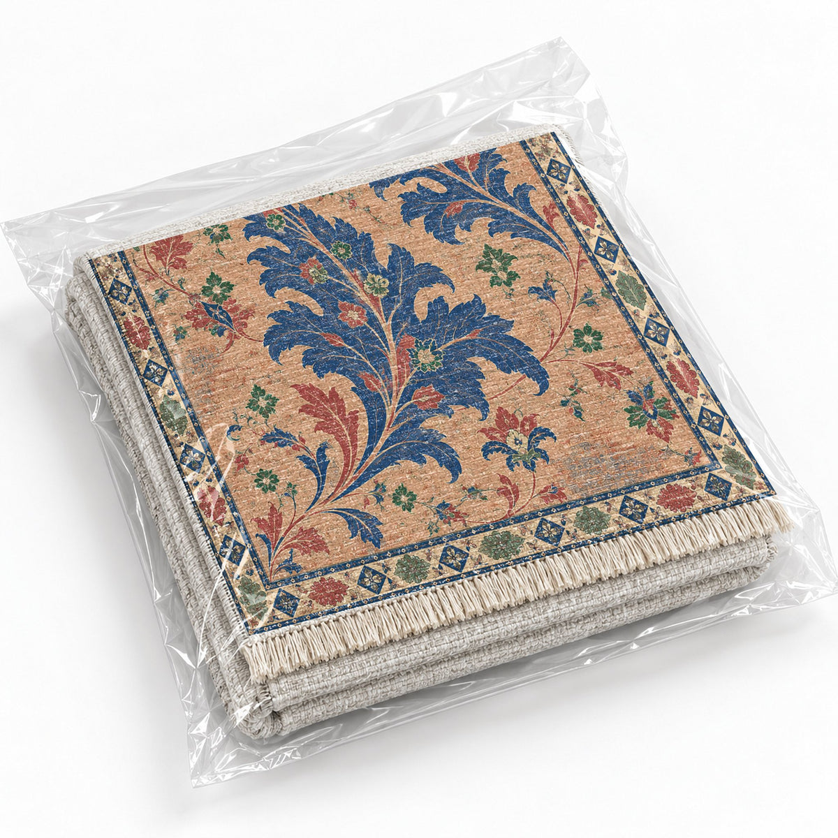 Open Arabesque Sails Peach, Cobalt & Jade washable rug rolled and packaged