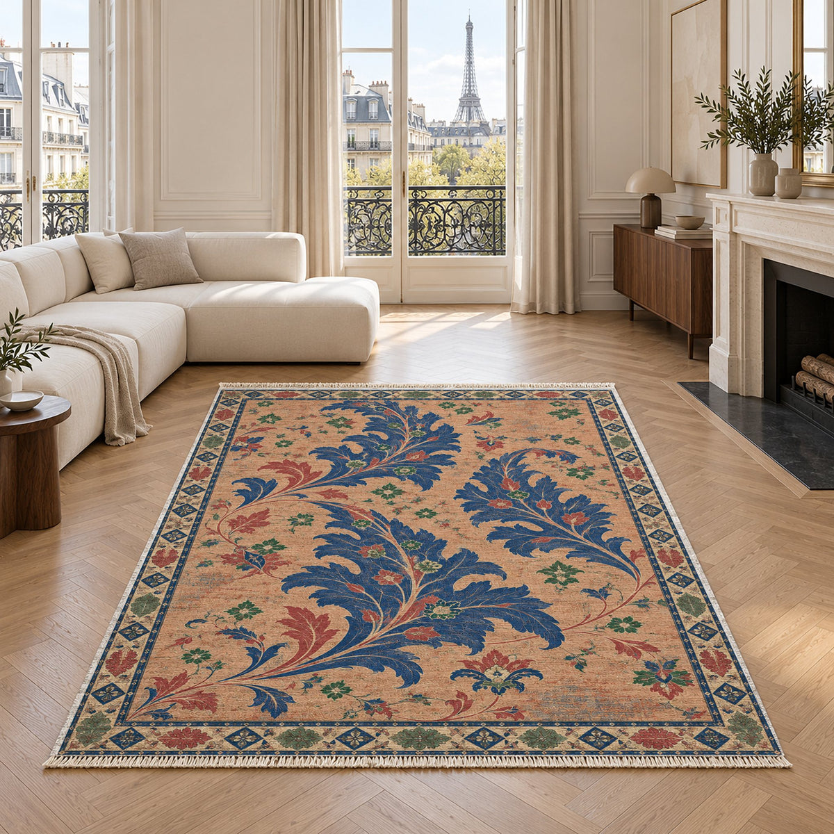 Open Arabesque Sails Peach, Cobalt & Jade washable rug in a living room with an Eiffel Tower view