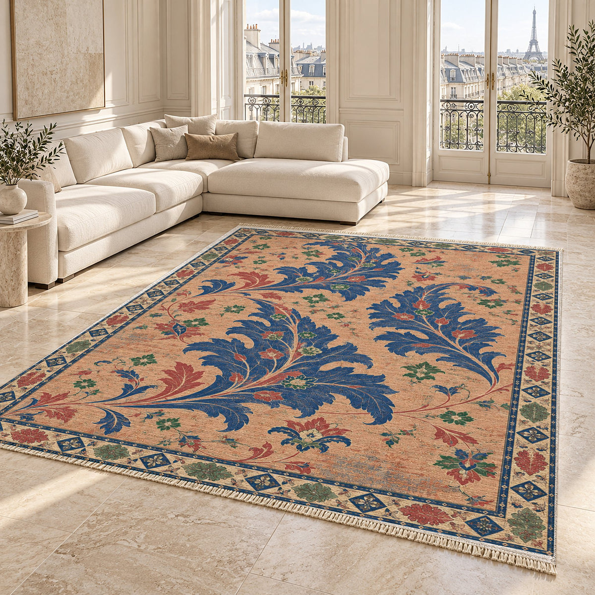 Open Arabesque Sails Peach, Cobalt & Jade washable rug angled room view on marble