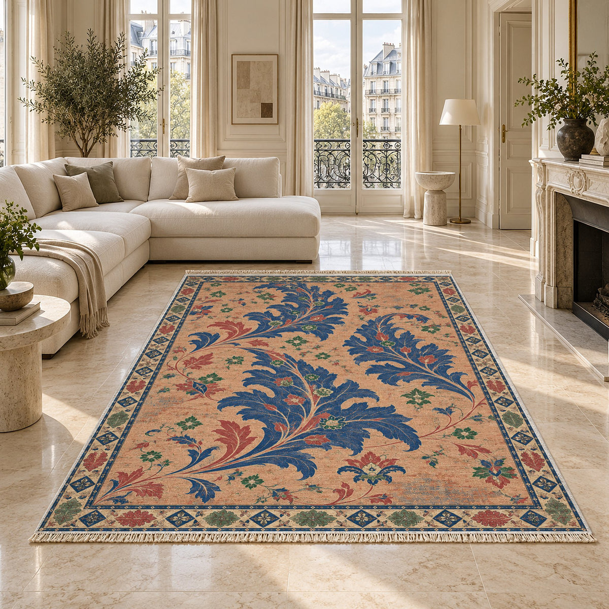 Open Arabesque Sails Peach, Cobalt & Jade washable rug on a marble floor