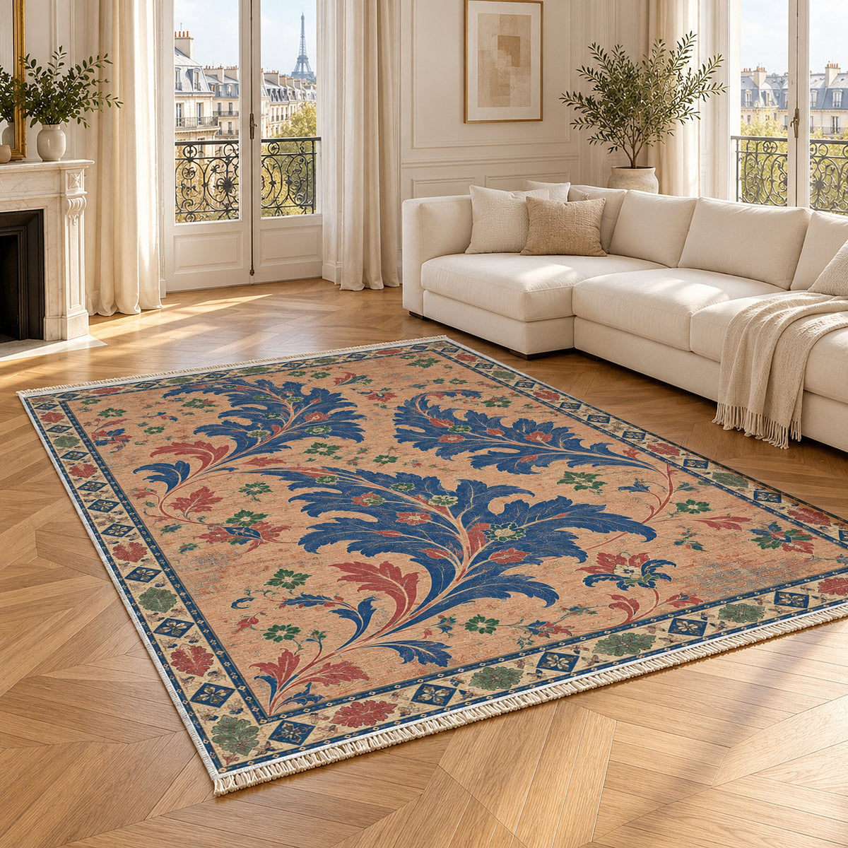 Open Arabesque Sails Peach, Cobalt & Jade washable rug angled room view