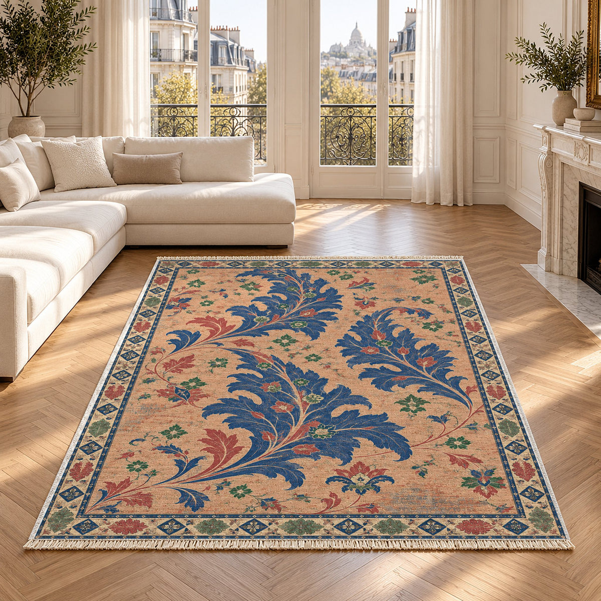Open Arabesque Sails Peach, Cobalt & Jade washable rug in a Paris living room