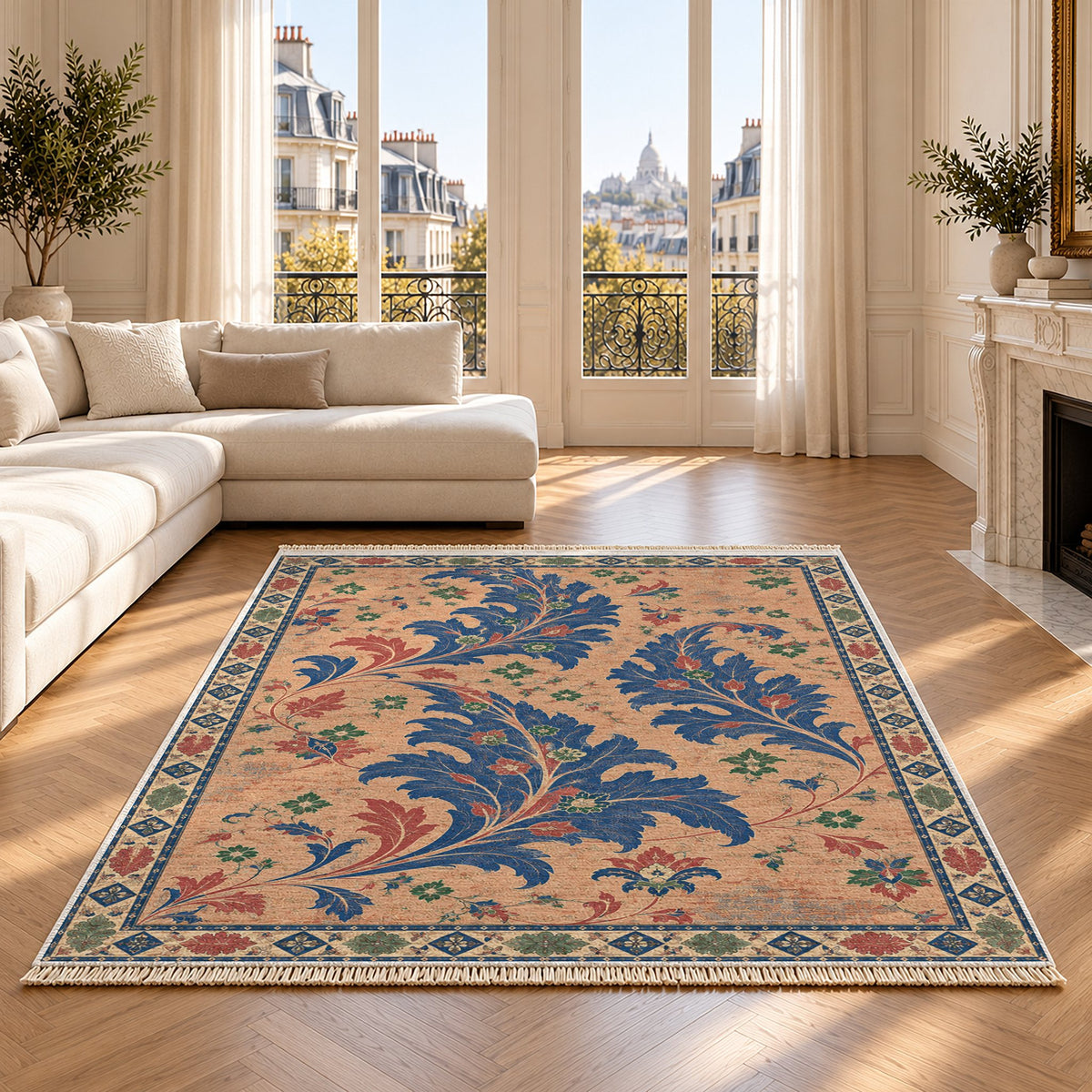 Open Arabesque Sails Peach, Cobalt & Jade washable rug on an oak floor