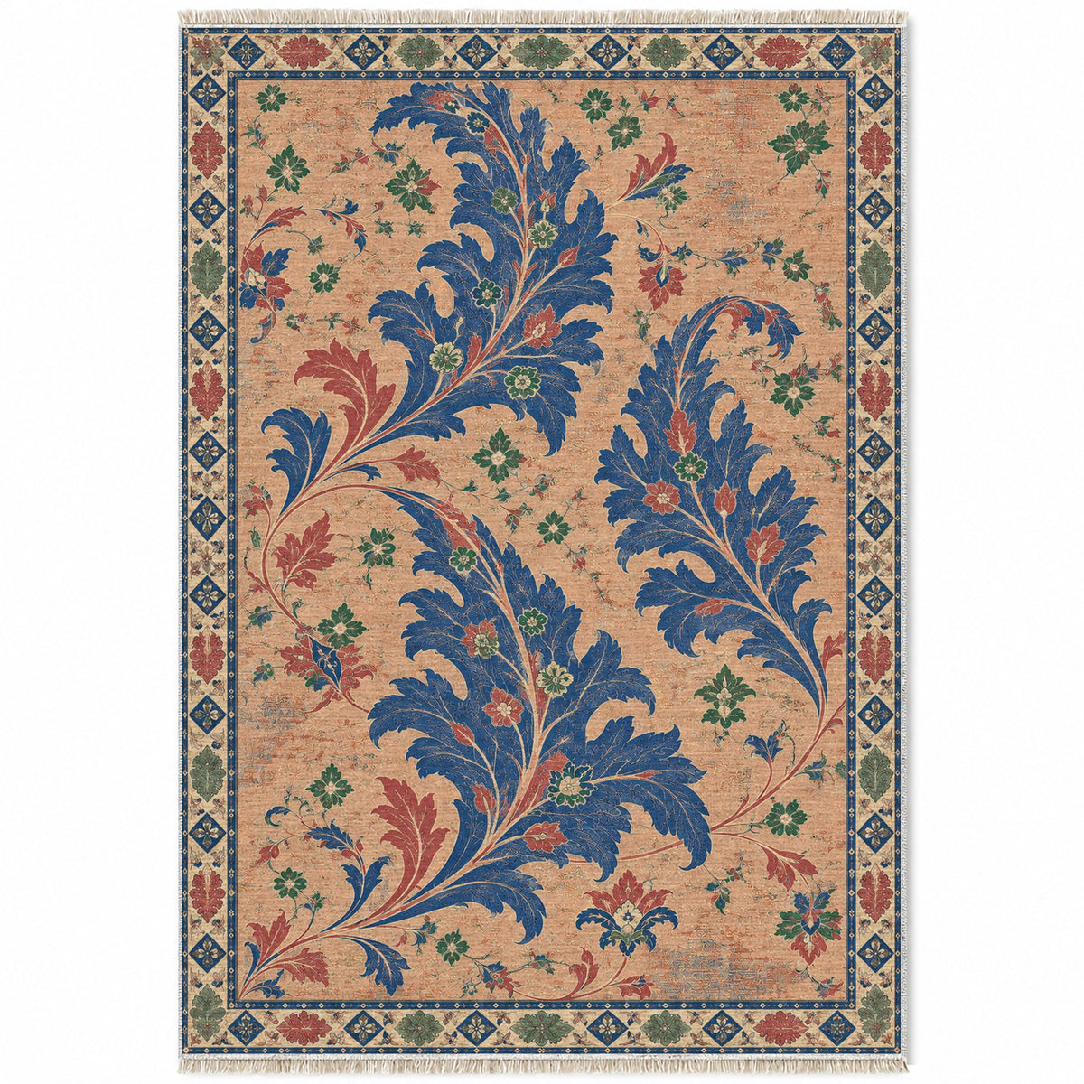 Open Arabesque Sails Peach, Cobalt & Jade washable rug top view