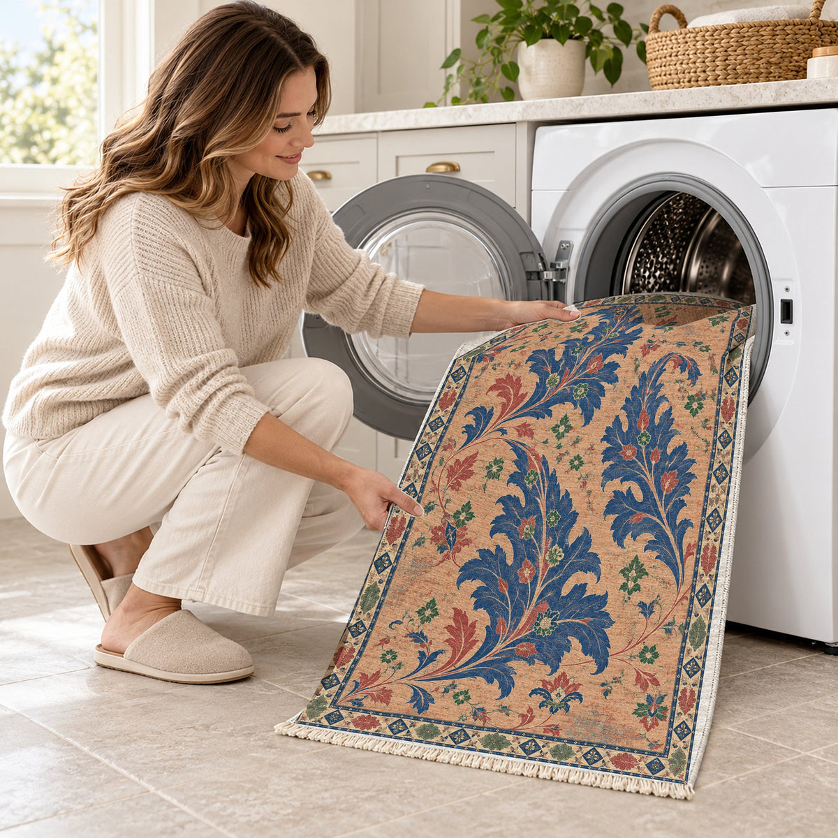 Open Arabesque Sails Peach, Cobalt & Jade washable rug being loaded into a washing machine