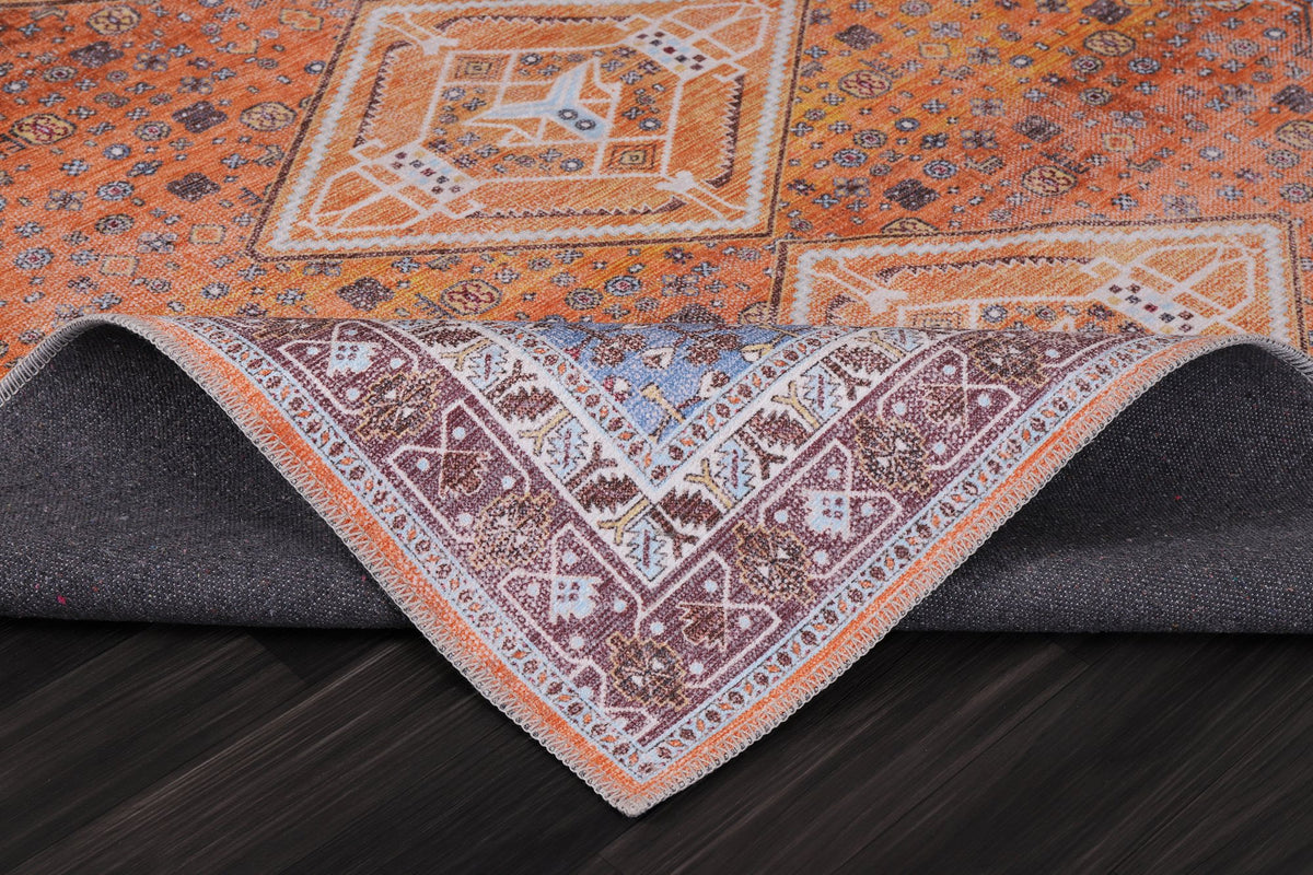 Orange & Blue Tribal Medallion Washable Rug pile close-up