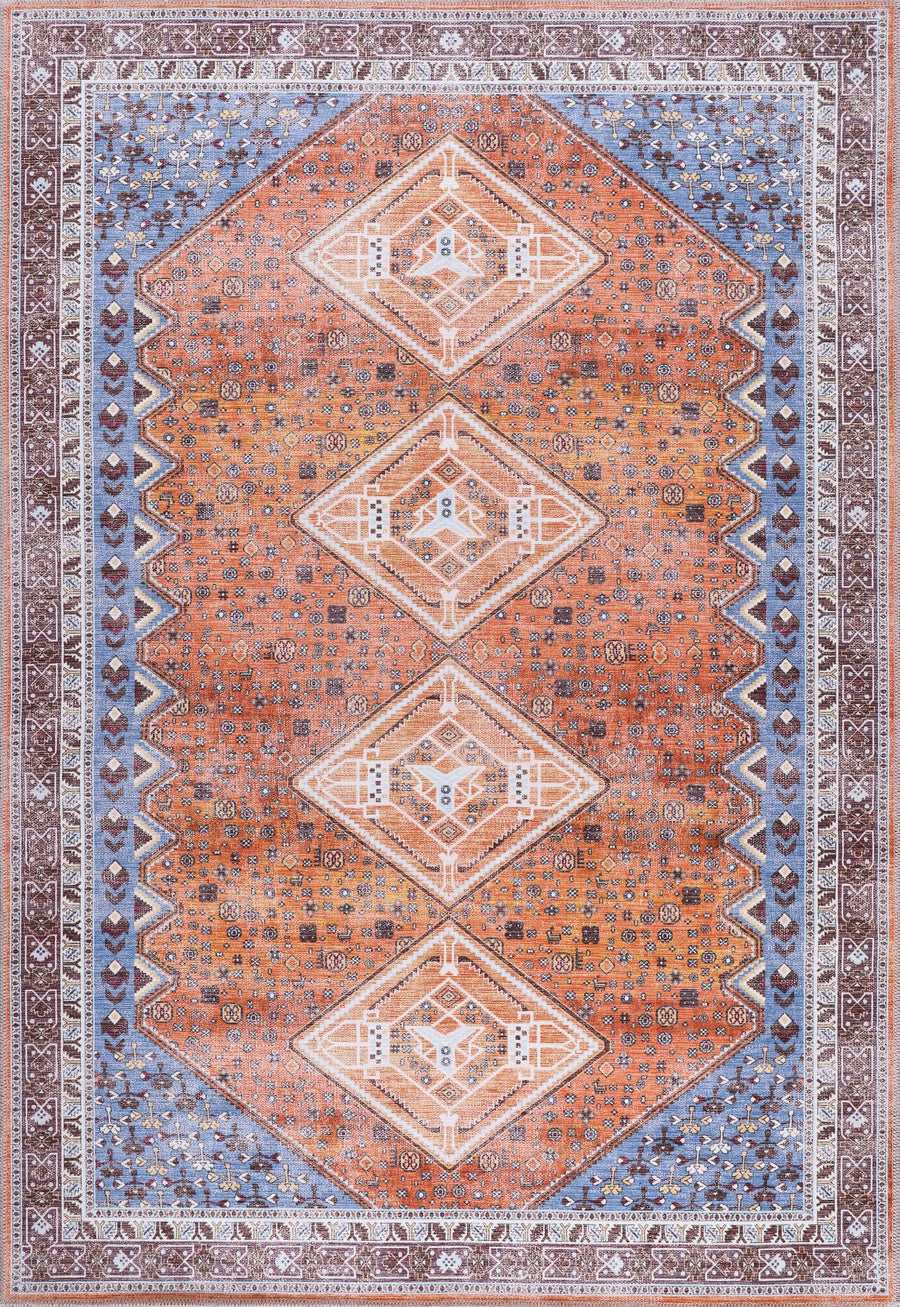 Orange & Blue Tribal Medallion Washable Rug | R1