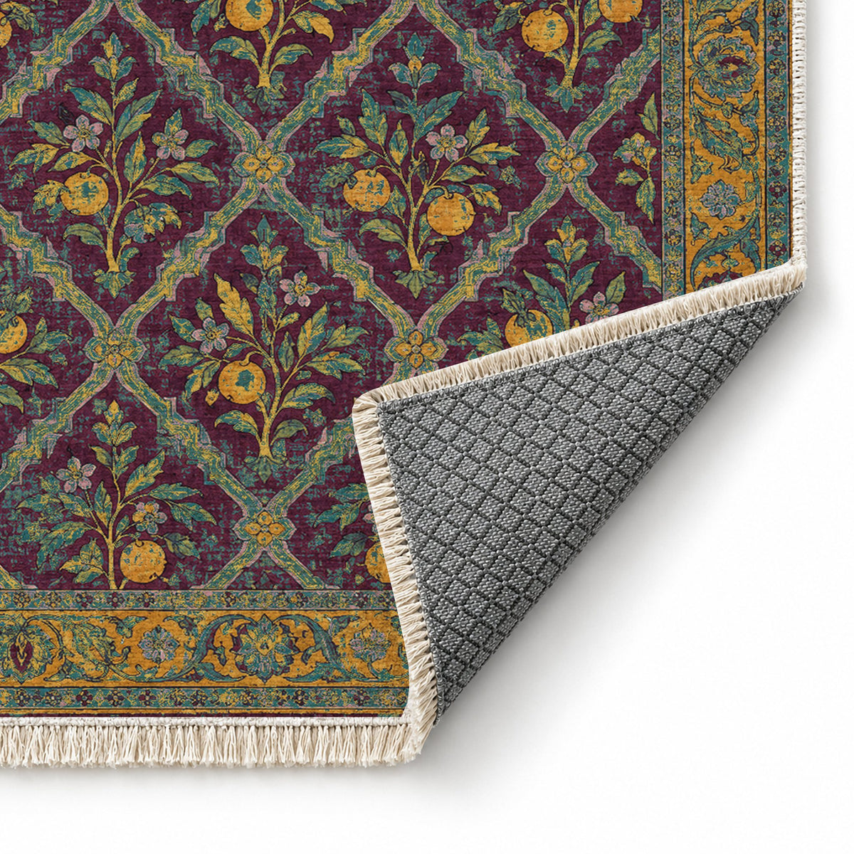 Orange Court Burgundy & Teal washable rug folded corner showing the backing