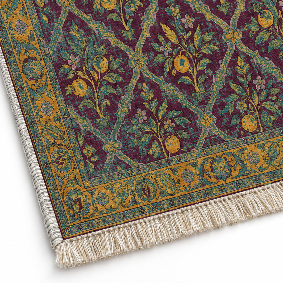 Orange Court Burgundy & Teal washable rug close-up of the printed chenille