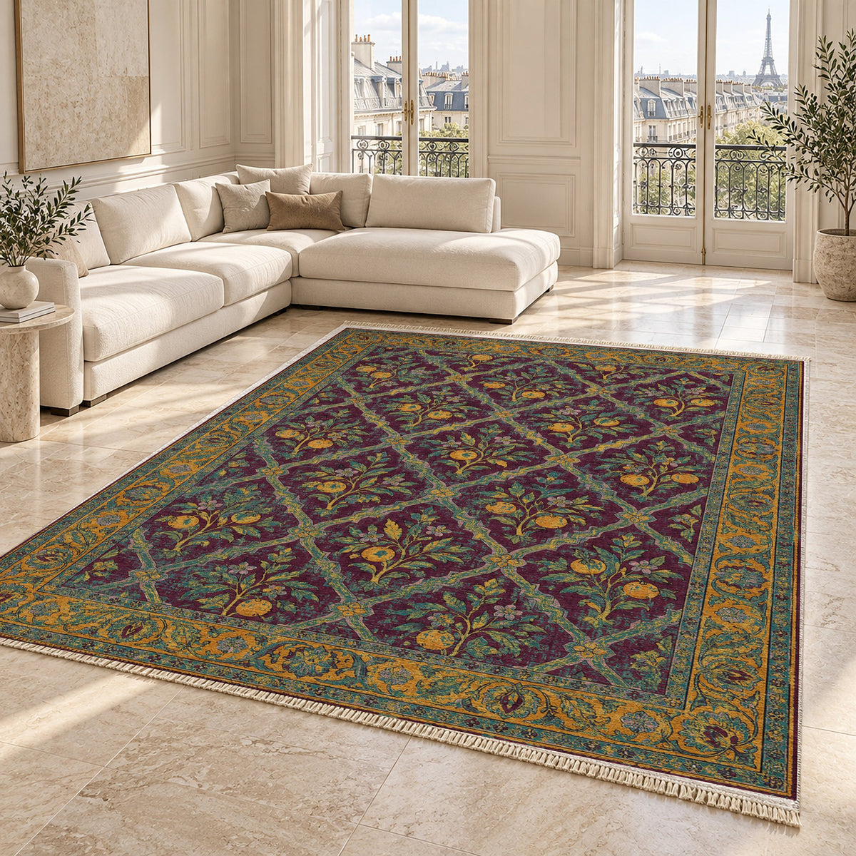 Orange Court Burgundy & Teal washable rug angled room view on marble