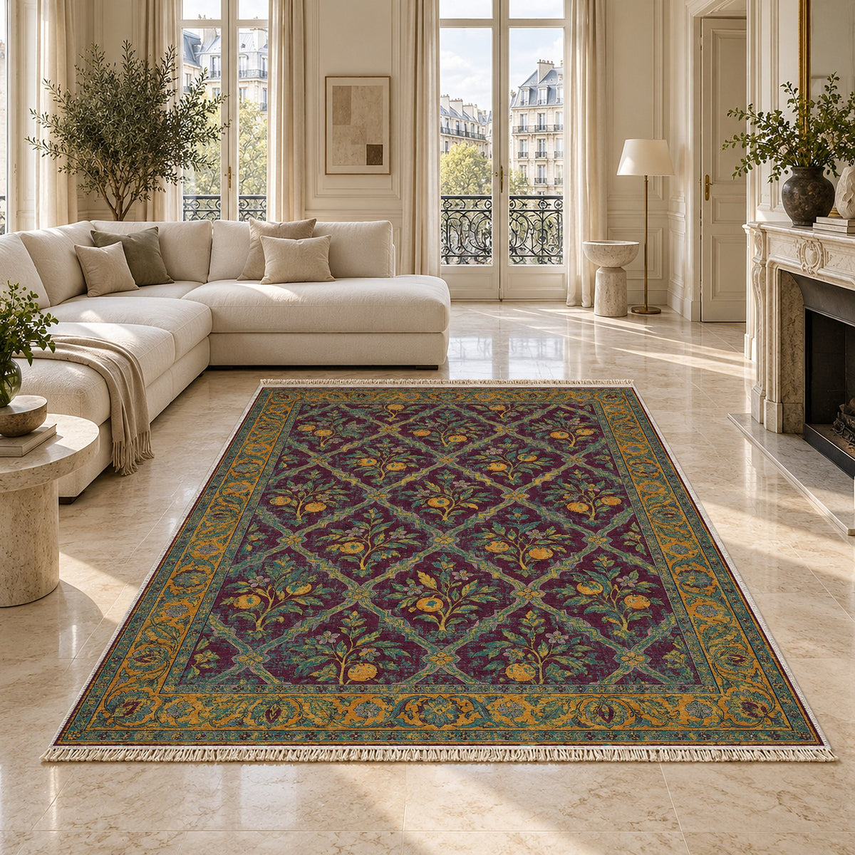 Orange Court Burgundy & Teal washable rug on a marble floor