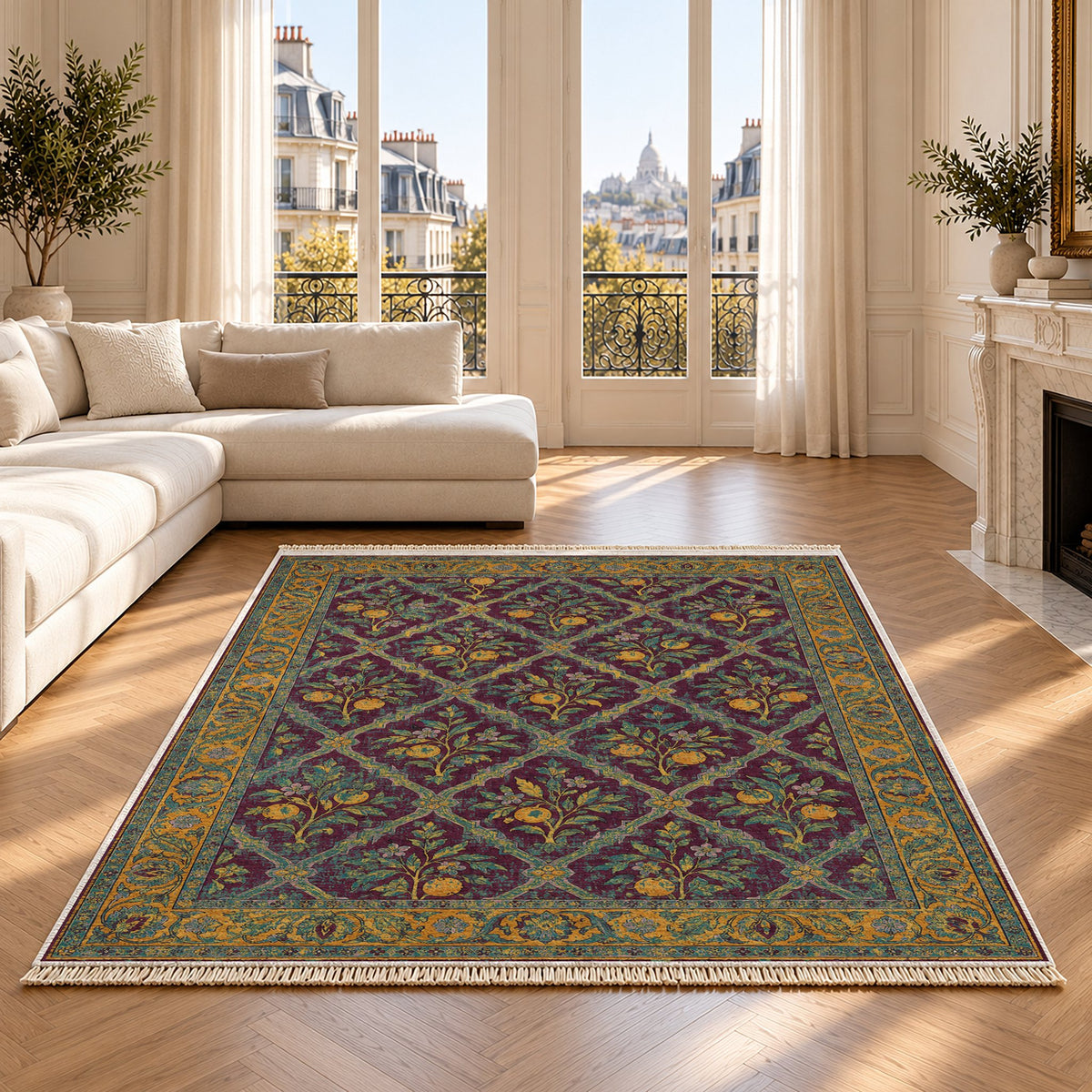Orange Court Burgundy & Teal washable rug on an oak floor
