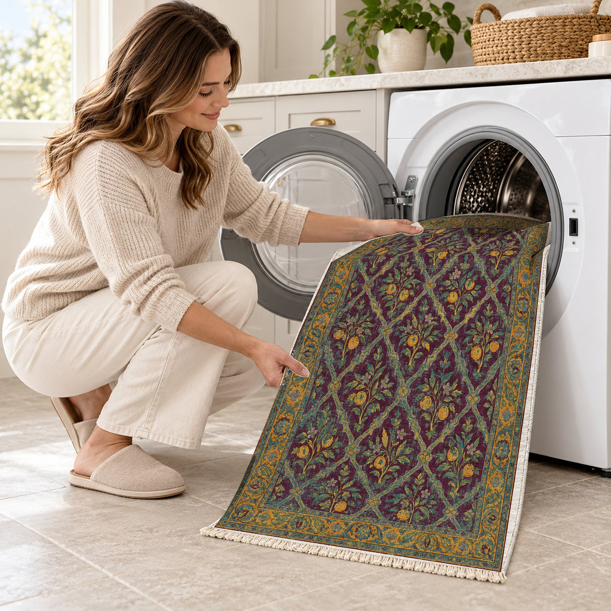 Orange Court Burgundy & Teal washable rug being loaded into a washing machine