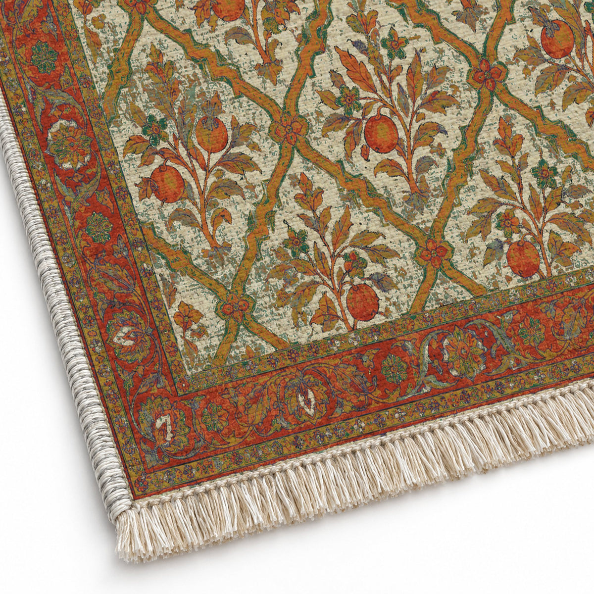 Orange Court Emerald & Terracotta washable rug close-up of the printed chenille