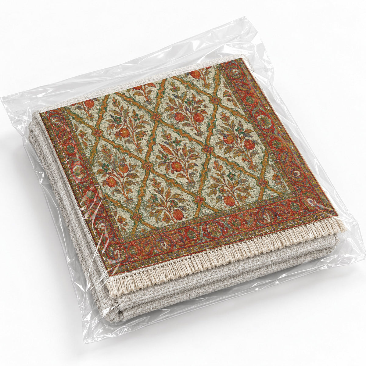 Orange Court Emerald & Terracotta washable rug rolled and packaged
