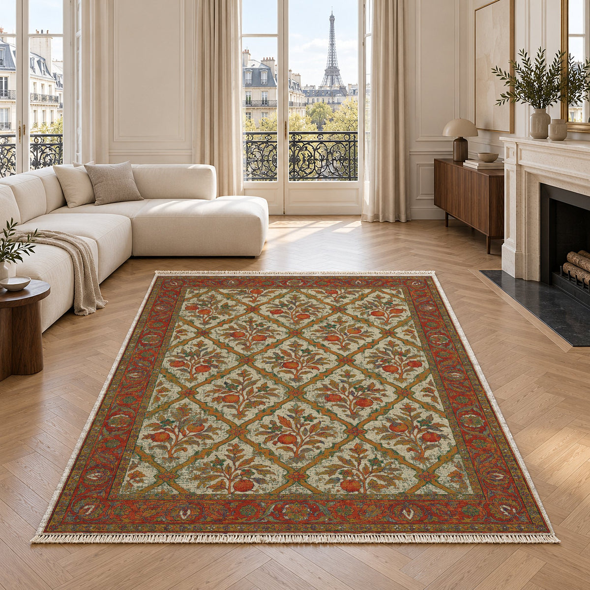 Orange Court Emerald & Terracotta washable rug in a living room with an Eiffel Tower view