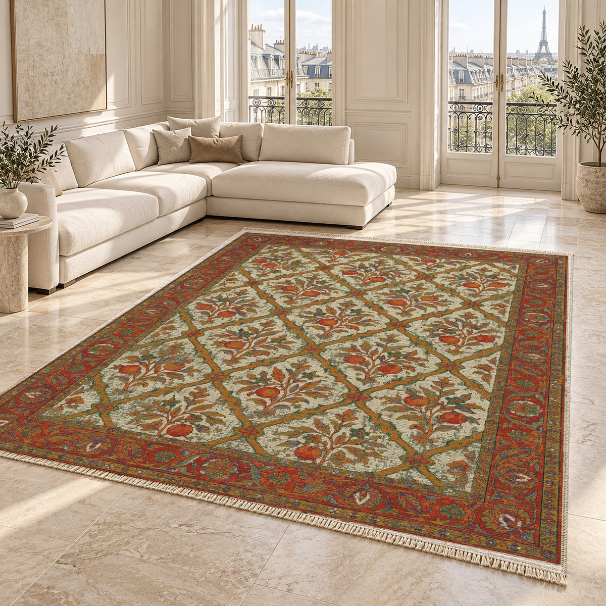 Orange Court Emerald & Terracotta washable rug angled room view on marble