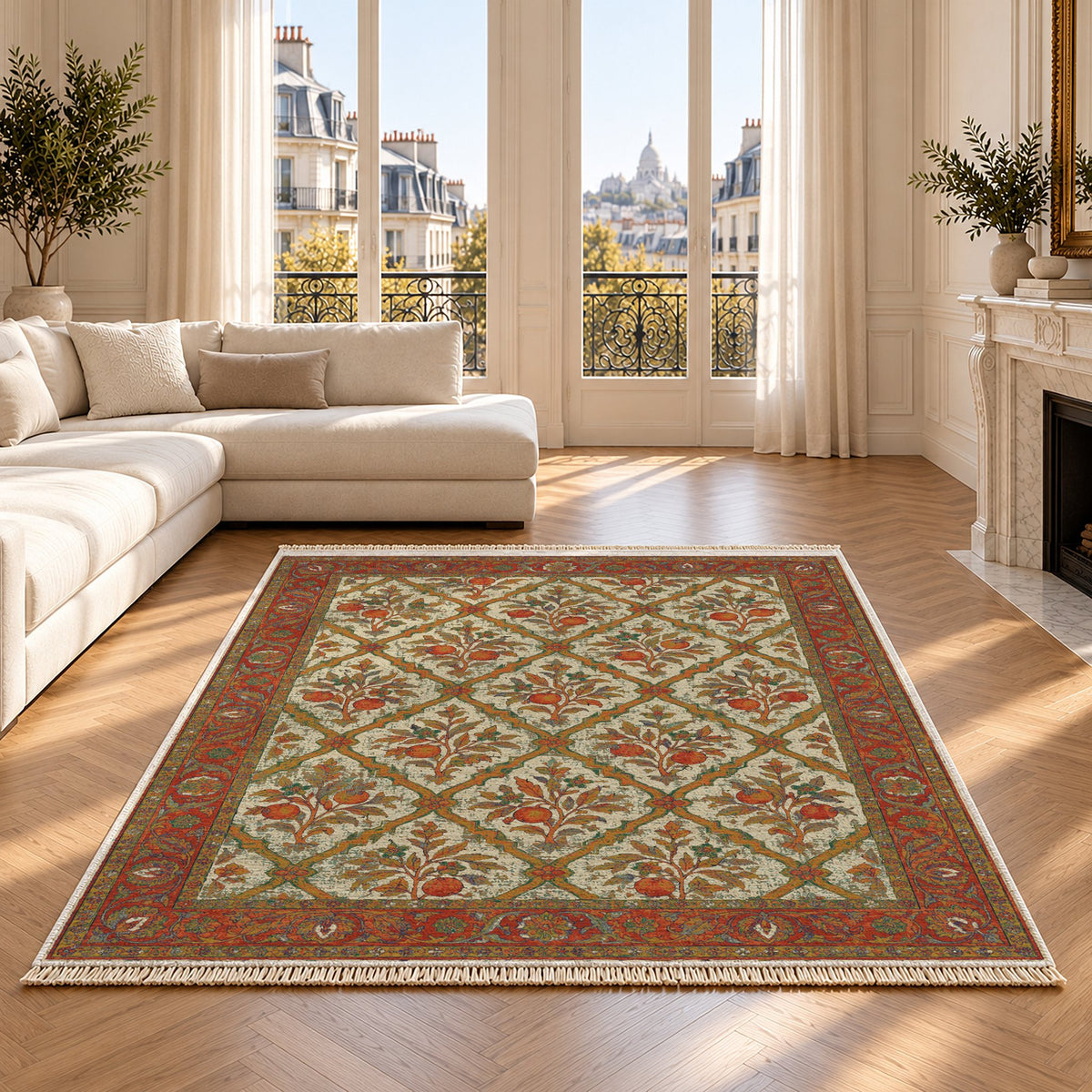 Orange Court Emerald & Terracotta washable rug on an oak floor