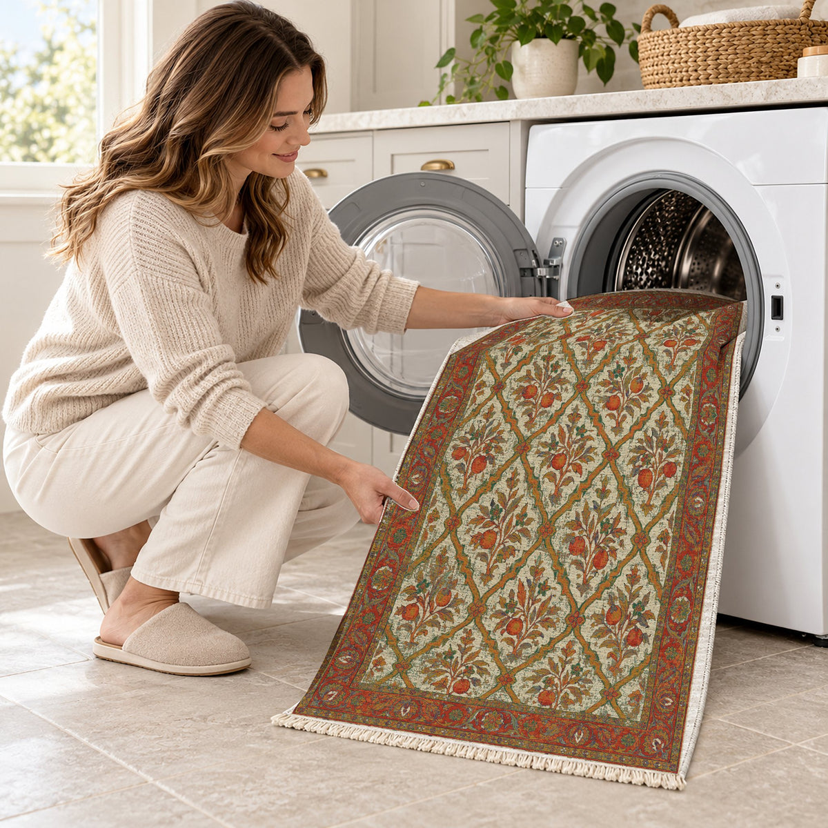 Orange Court Emerald & Terracotta washable rug being loaded into a washing machine