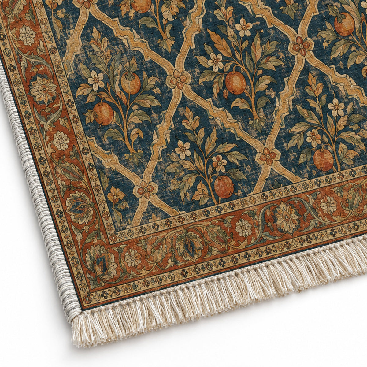Orange Court Indigo & Rust washable rug close-up of the printed chenille