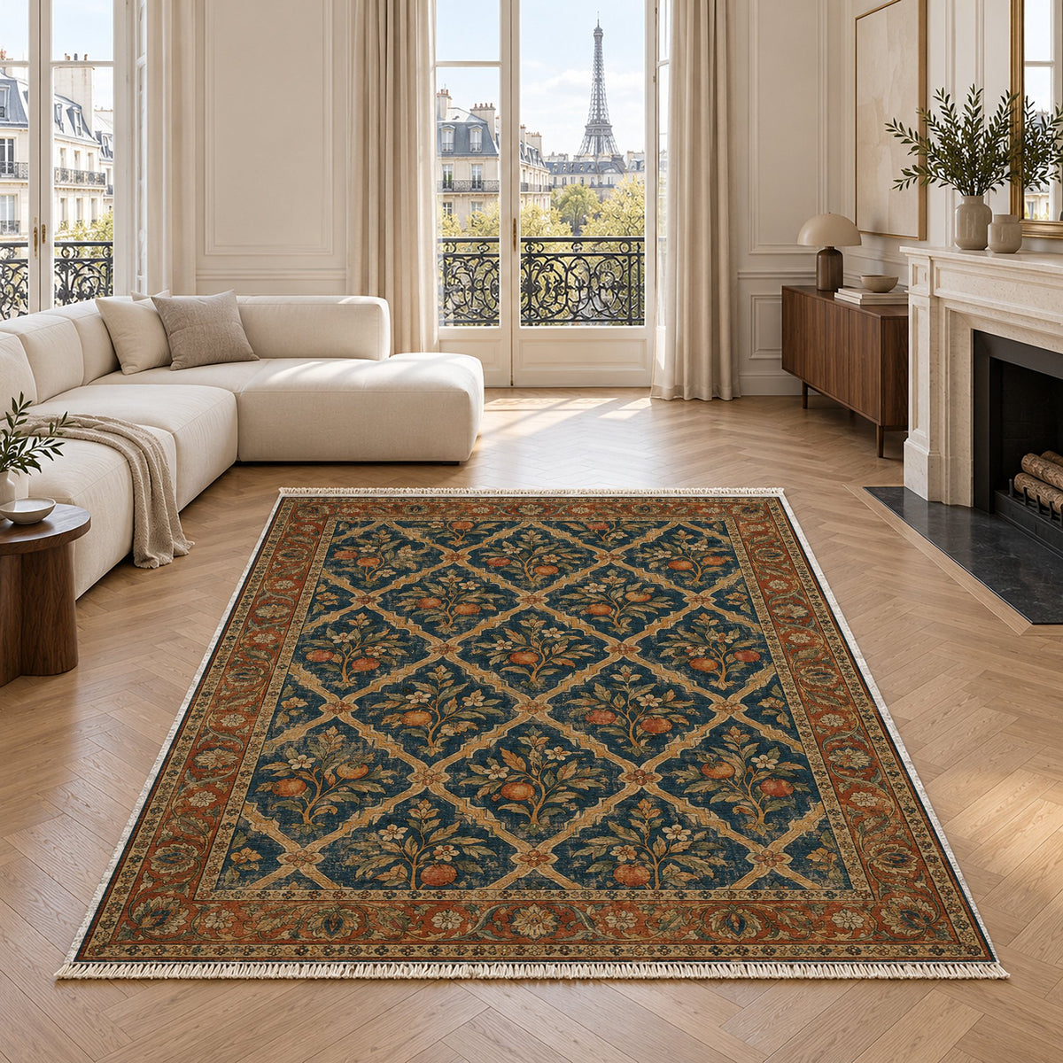 Orange Court Indigo & Rust washable rug in a living room with an Eiffel Tower view
