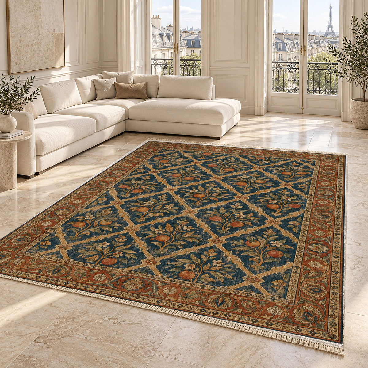 Orange Court Indigo & Rust washable rug angled room view on marble