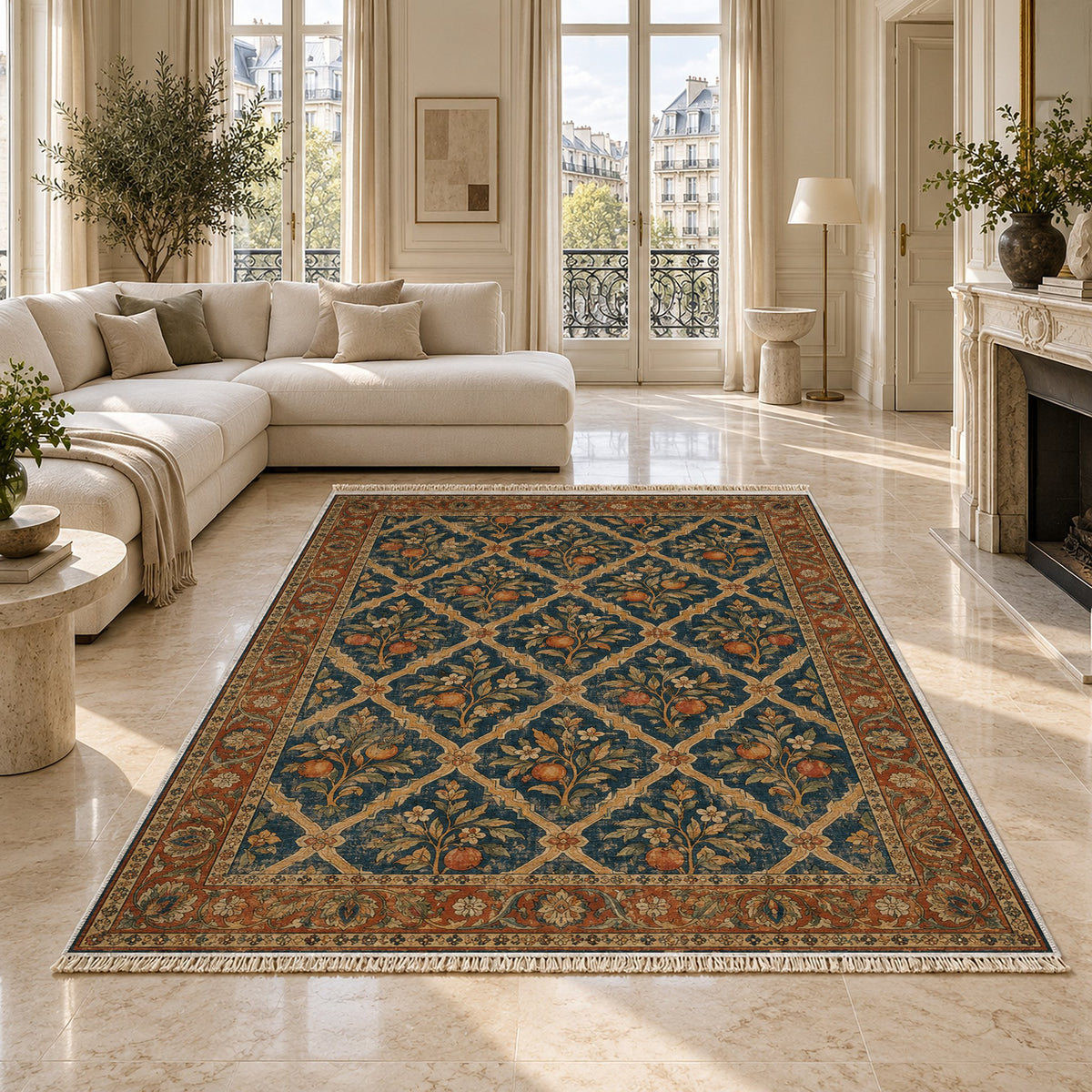 Orange Court Indigo & Rust washable rug on a marble floor