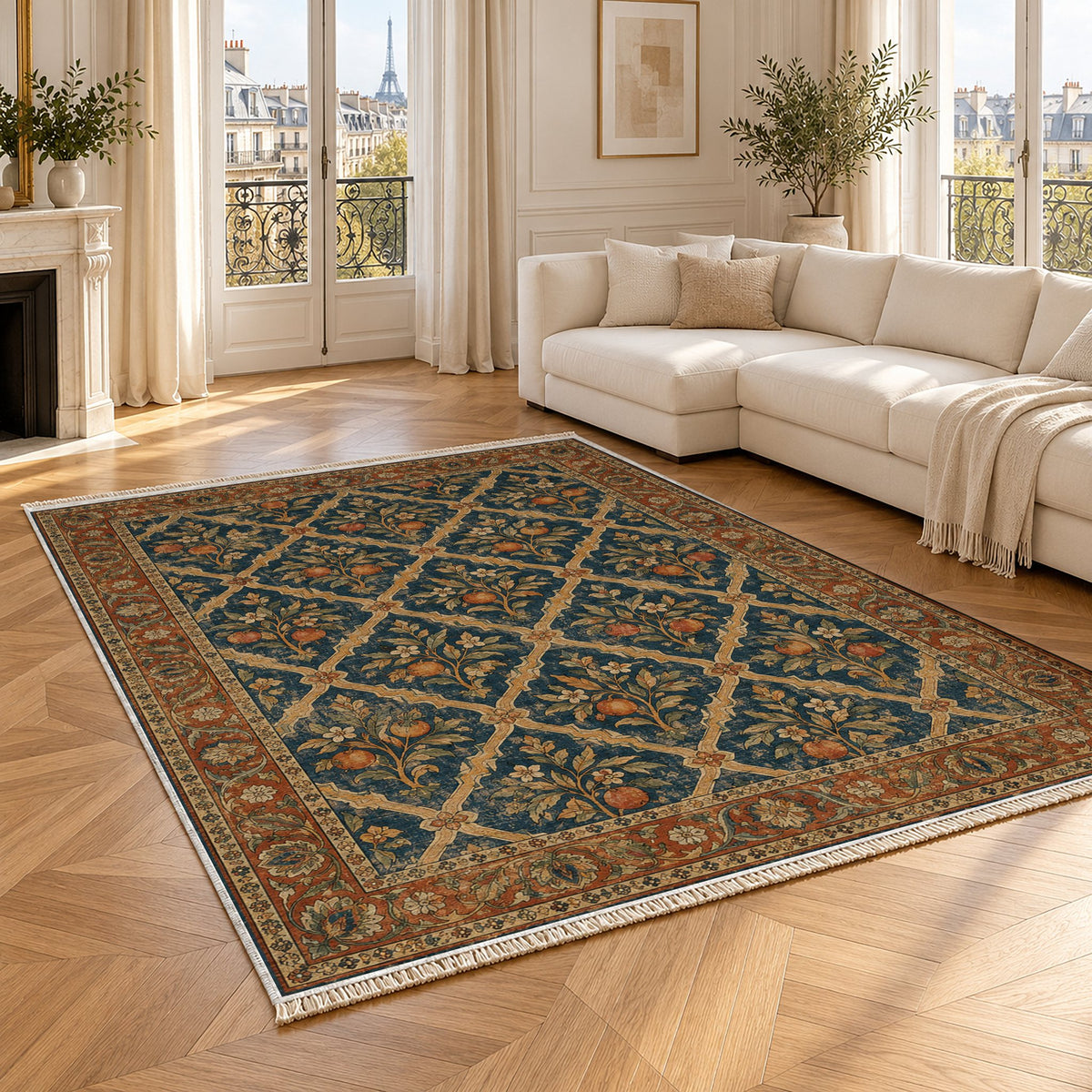 Orange Court Indigo & Rust washable rug angled room view