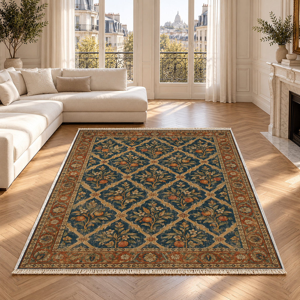 Orange Court Indigo & Rust washable rug in a Paris living room