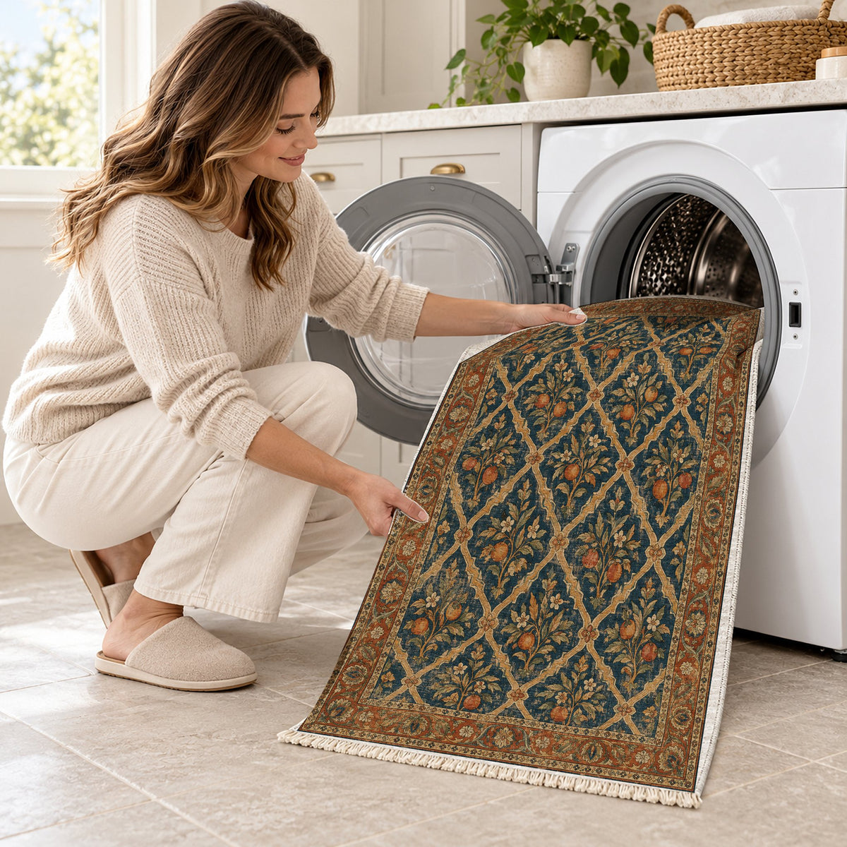 Orange Court Indigo & Rust washable rug being loaded into a washing machine