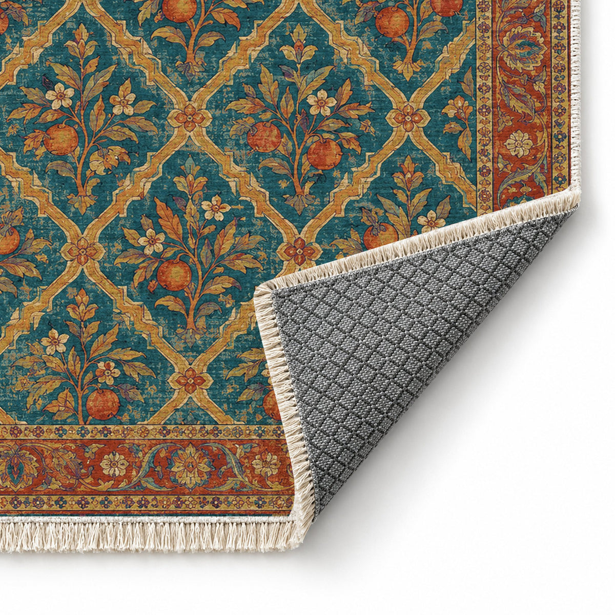 Orange Court Peacock & Ochre washable rug folded corner showing the backing