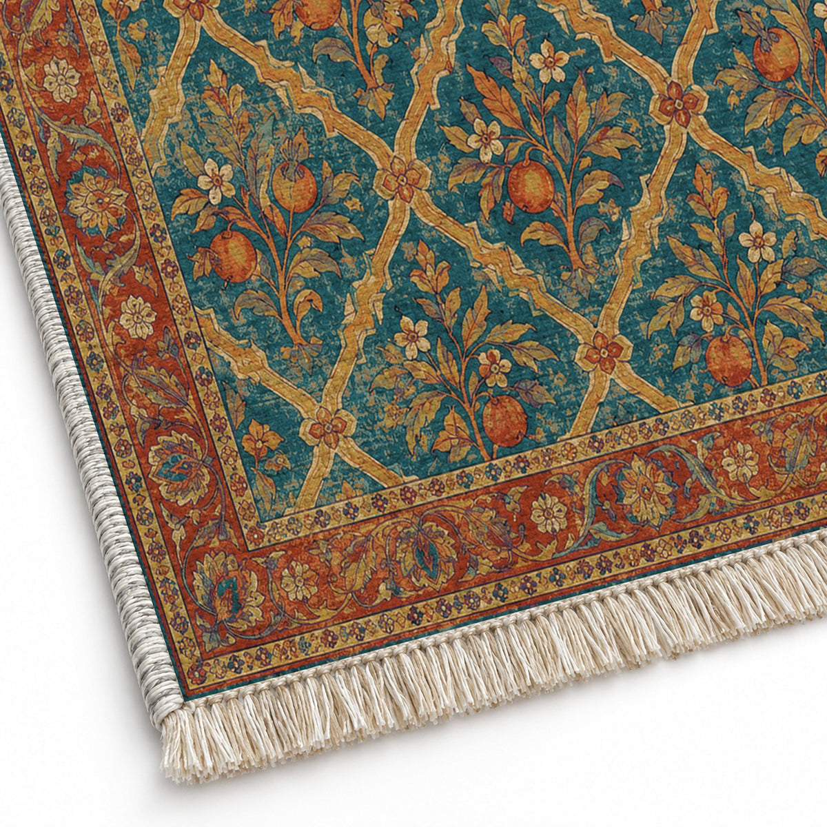 Orange Court Peacock & Ochre washable rug close-up of the printed chenille