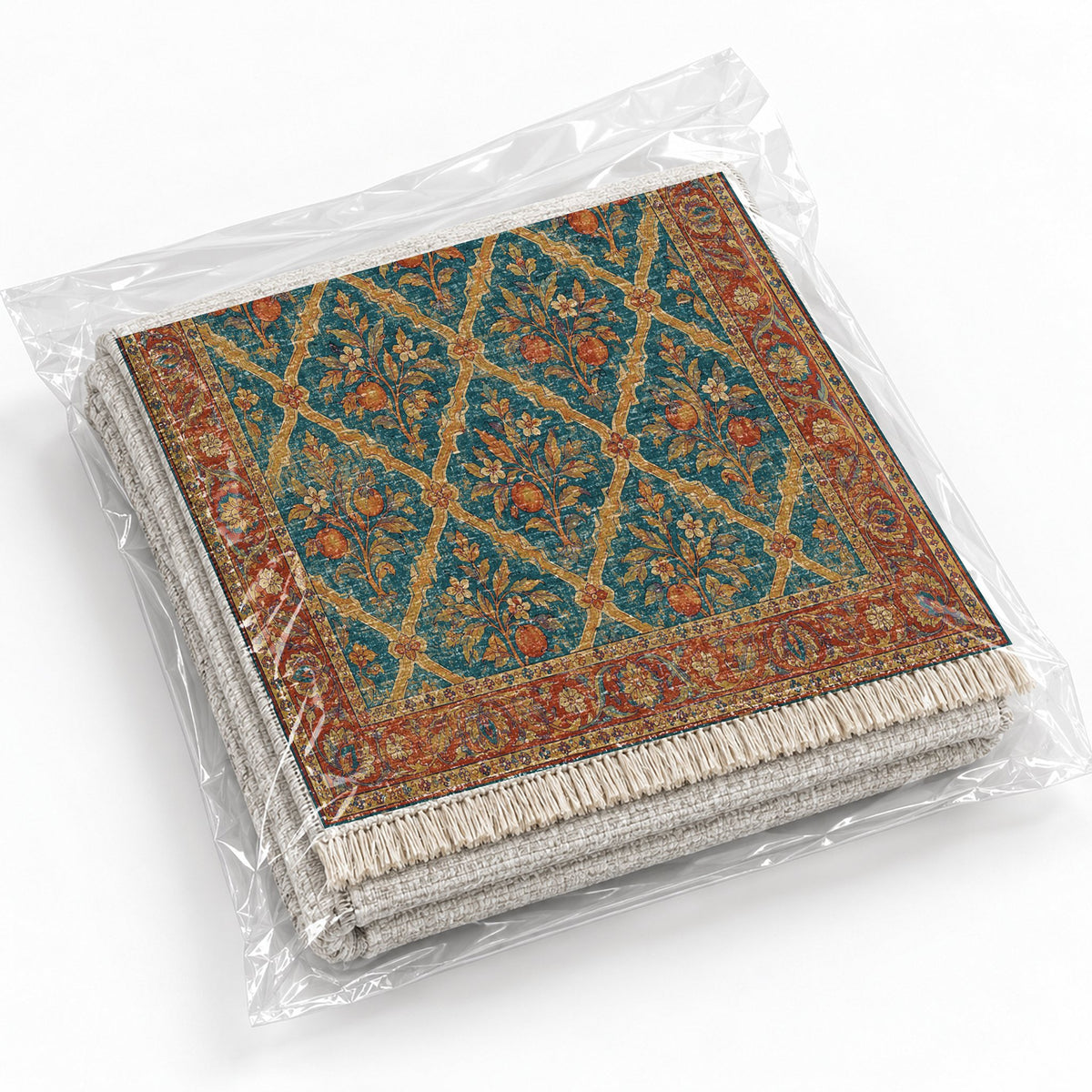 Orange Court Peacock & Ochre washable rug rolled and packaged