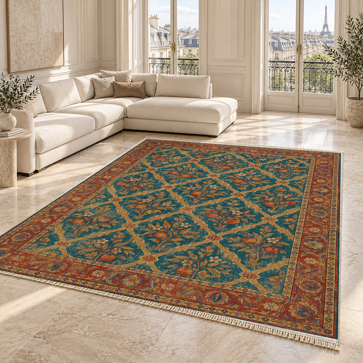 Orange Court Peacock & Ochre washable rug angled room view on marble