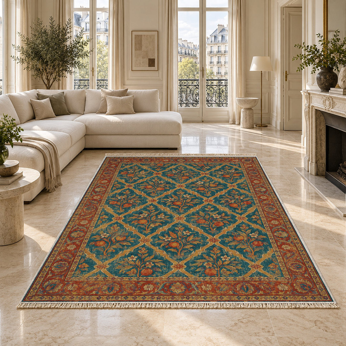 Orange Court Peacock & Ochre washable rug on a marble floor