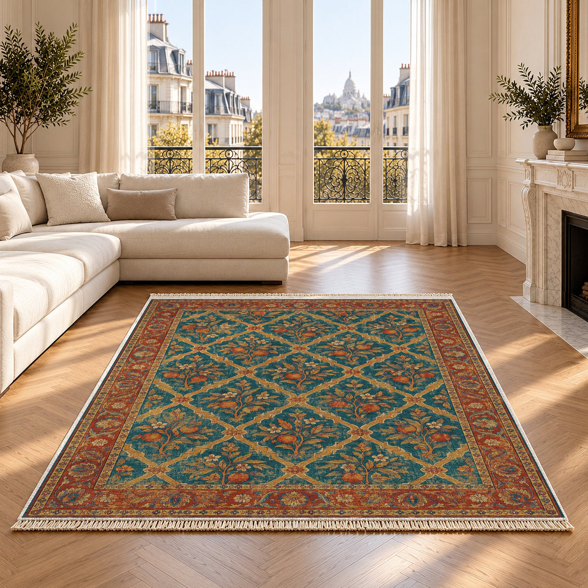 Orange Court Peacock & Ochre washable rug on an oak floor