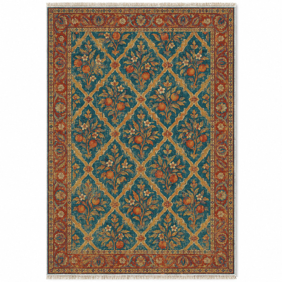 Orange Court Peacock & Ochre washable rug top view