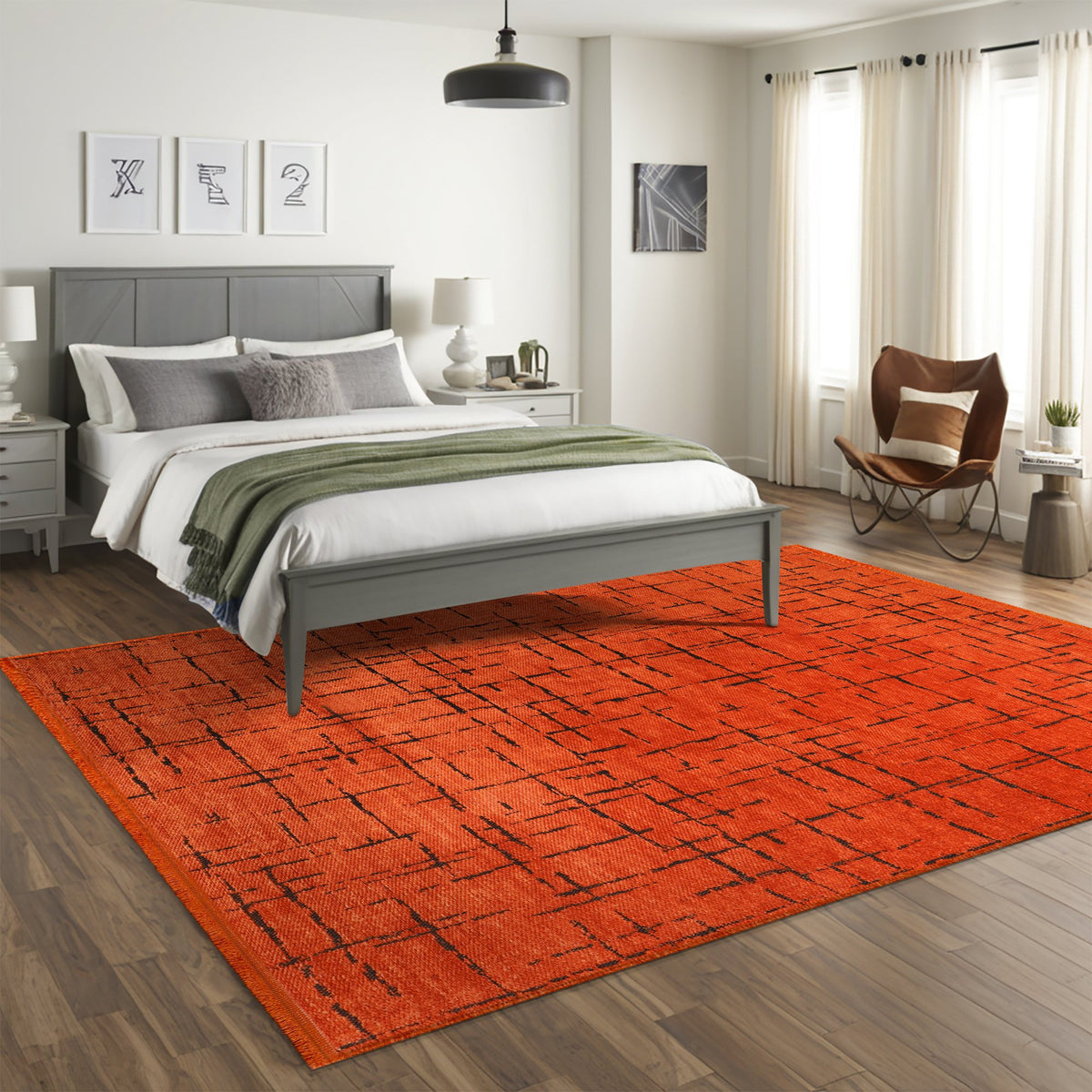 Orange Crosshatch Washable Rug in a living room