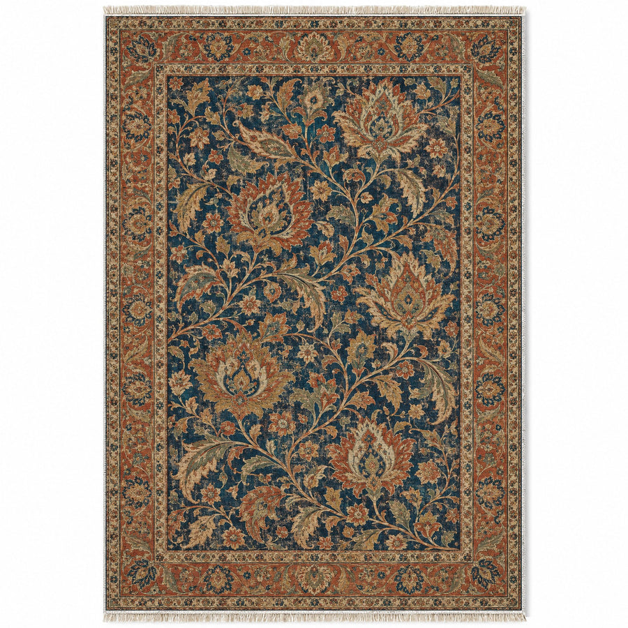 Palmette Canopy Indigo & Rust Persian Washable Rug