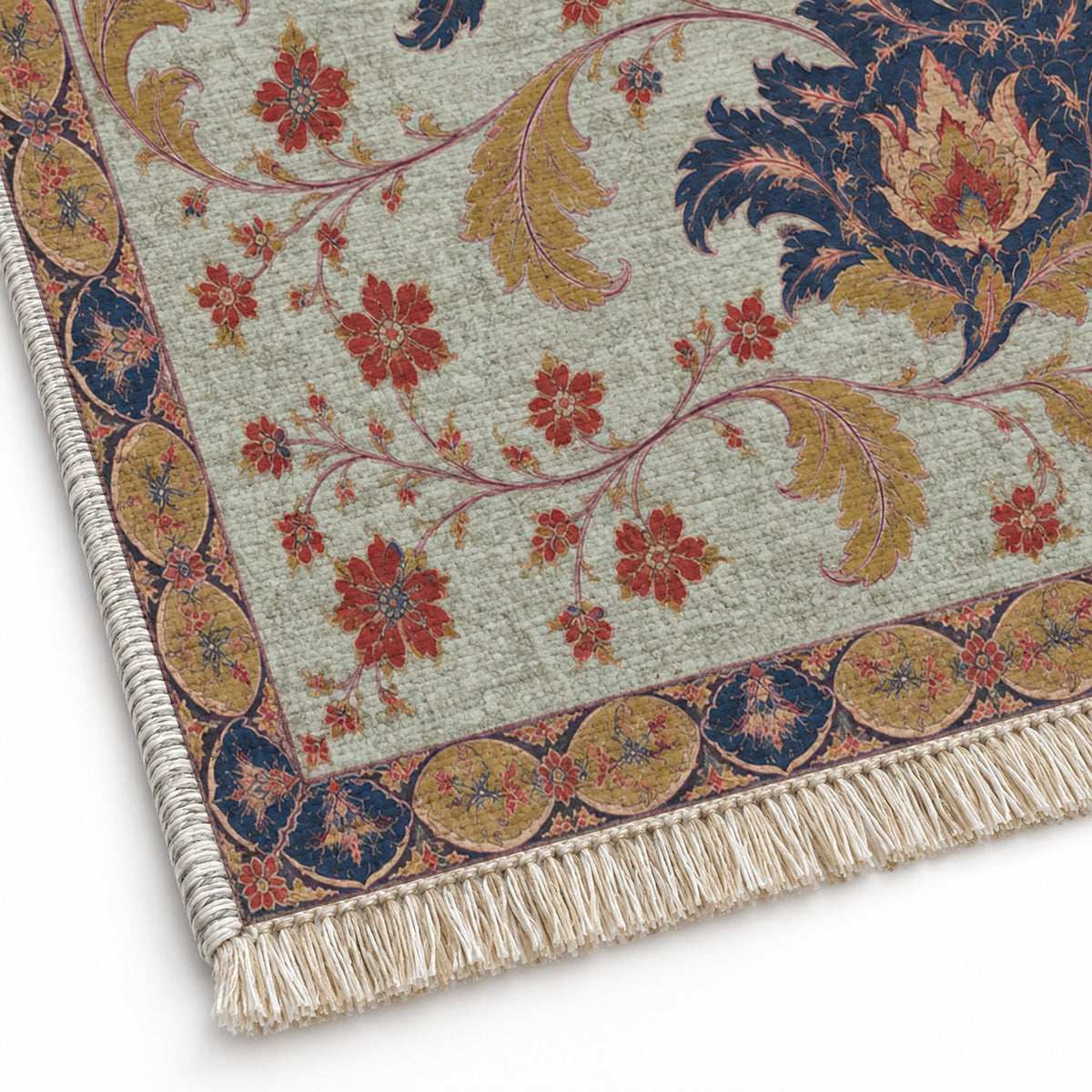 Palmette Crosscurrent Glacier, Ink & Vermilion washable rug close-up of the printed chenille